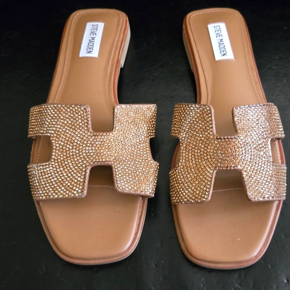 Steve Madden Sparkly Tan and Gold Slide Sandals NWOT - Picture 1 of 6